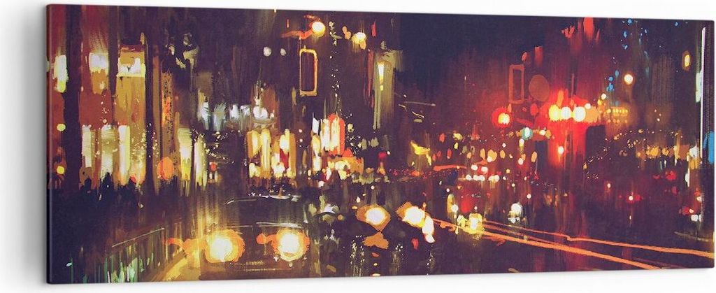 Bild auf Leinwand - Leinwandbild - Stadt Nacht Straße - 140x50cm - Wand Bild - Wanddeko - Leinwanddruck - Bilder - Kunstdruck - Wanddekoration - L...