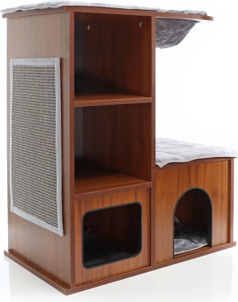 Griffoir chat en bois brun foncé avec coussin et surface en sisal