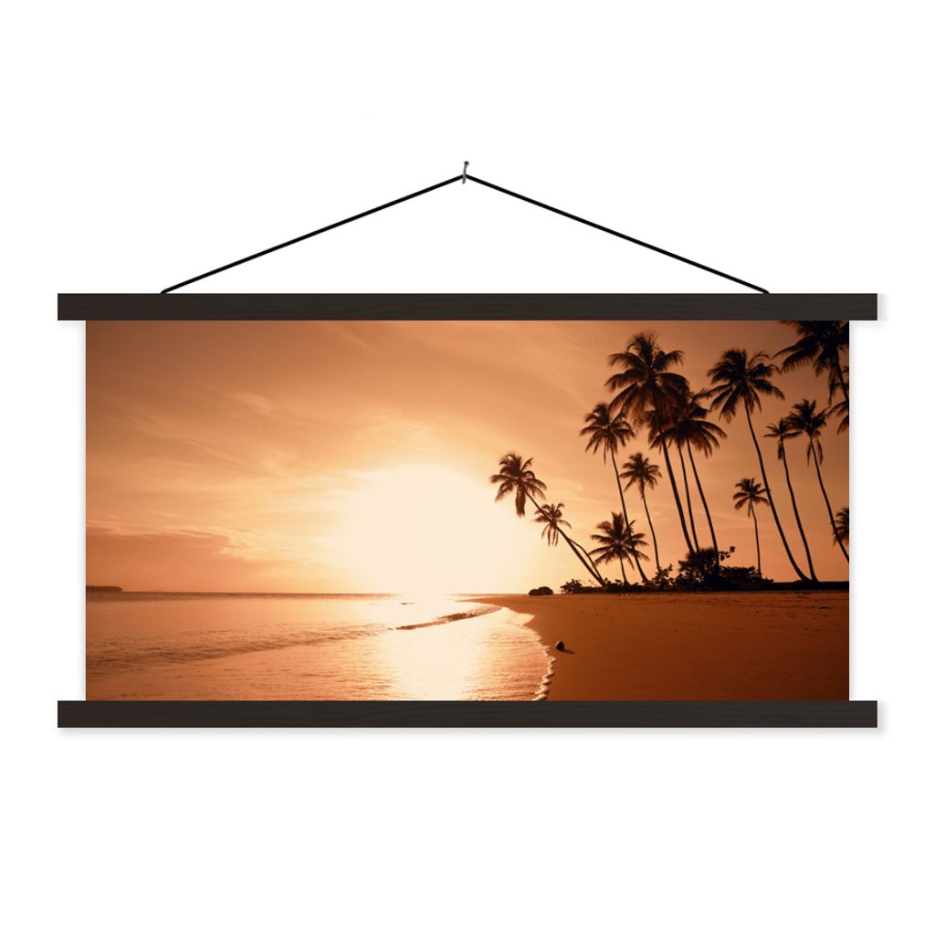 MuchoWow Textilposter Sonnenuntergang - Tropisch - Palme - Strand - Meer 90x45 cm mit schwarzem Rahmen - Klemmleisten