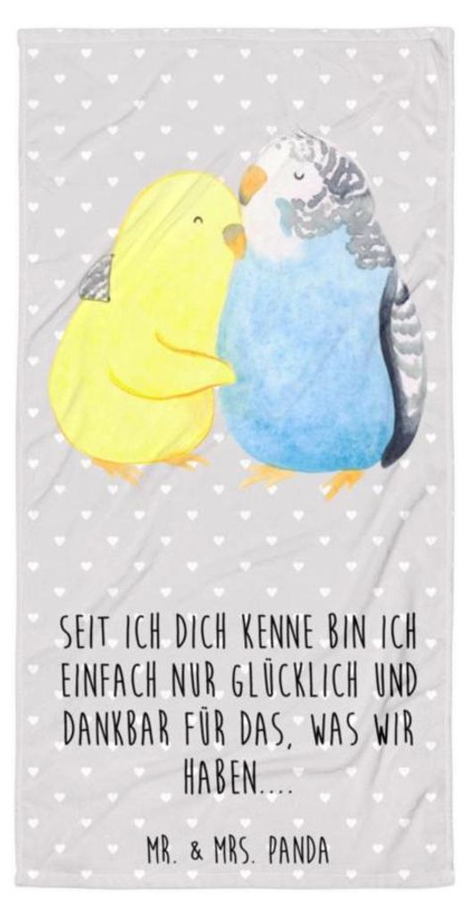 Mr. & Mrs. Panda Badelaken Wellensittich Liebe - Grau Pastell - Geschenk, Freundin, Badehandtuch, Großes, Umarmung, Vertrauen, Duschtuch, Strandtu...