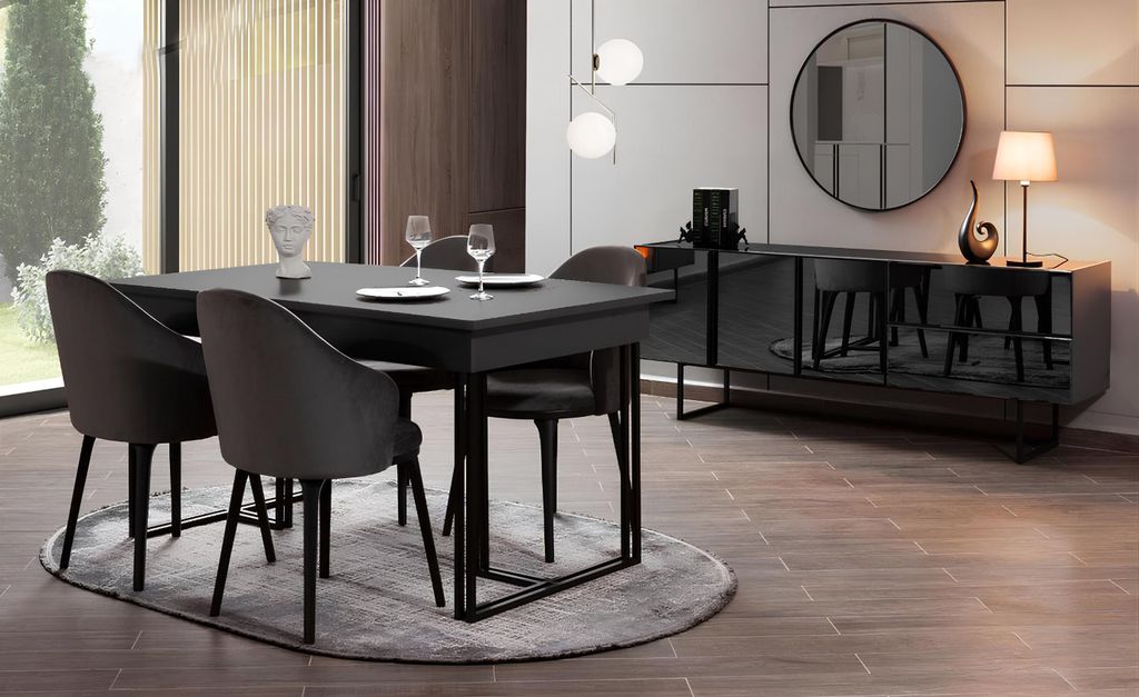 Schwarze Edle Esszimmer Holzmöbel Designer Esstisch Sideboard Stühle