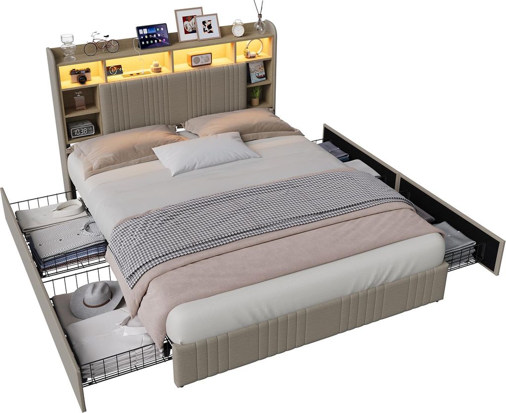 Moonbite bed met opbergruimte, 140x200 cm, linnen, beige, Productafbeelding 