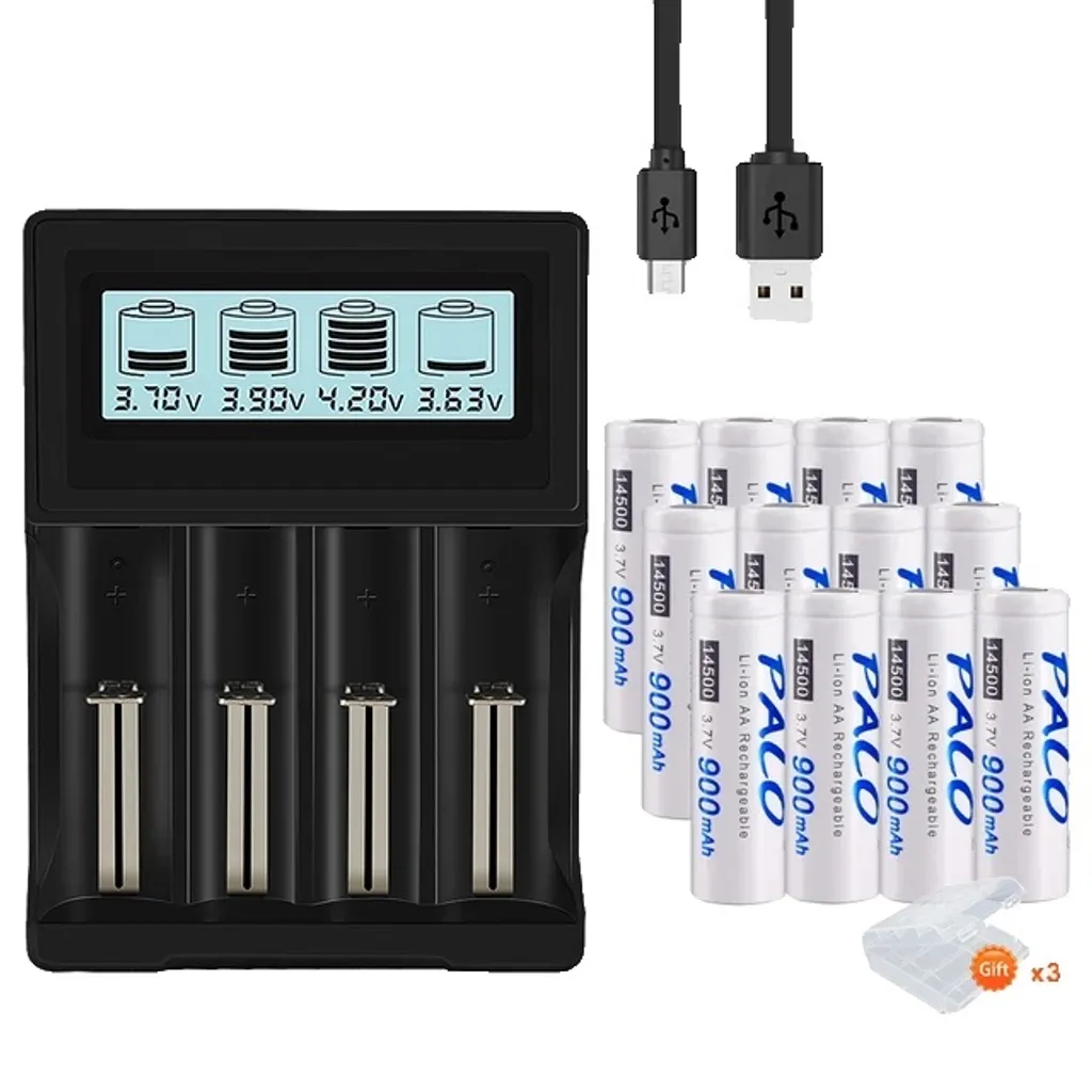Pack de 12 piles Li-Ion AA 900mAh 3,7V avec chargeur intelligent inclus