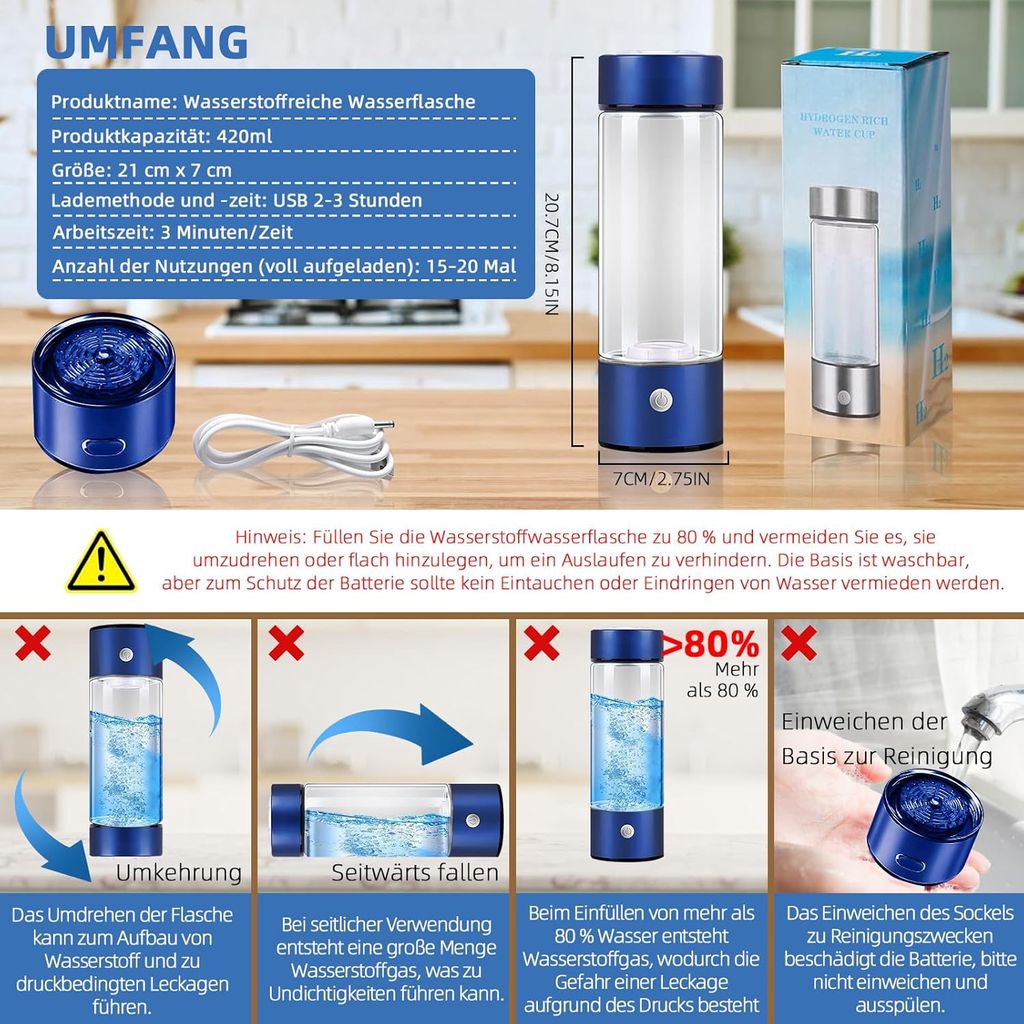 Wasserstoff-Wassergenerator mit PEM-SPE-Technologie, 420ml Produktbild 6