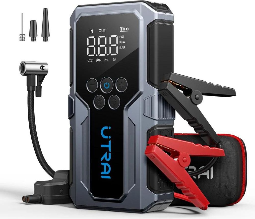Auto Starthilfe Powerbank mit Kompressor - JS-9 1500A - 1500A Spitzenstrom - 150 PSI (10,3 bar) Luftpumpe - bis 6,0L Benzin/4,5L Diesel - 18W QC2.0...