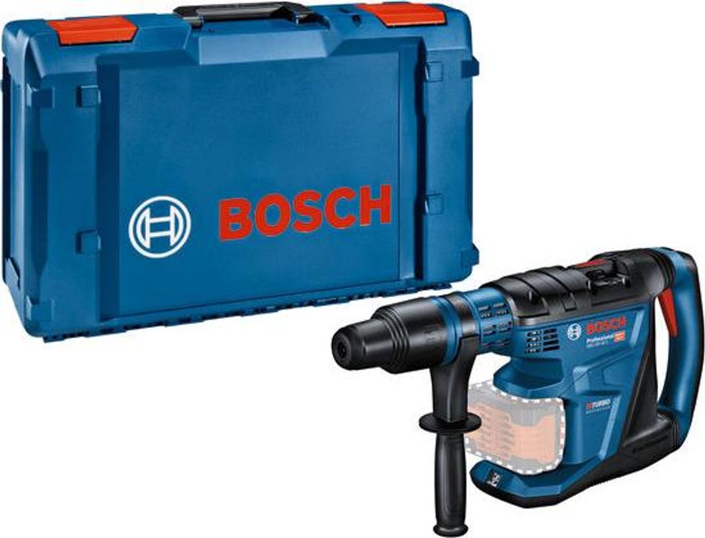 A blue Bosch branded case and a blue Bosch rotary hammer drill.