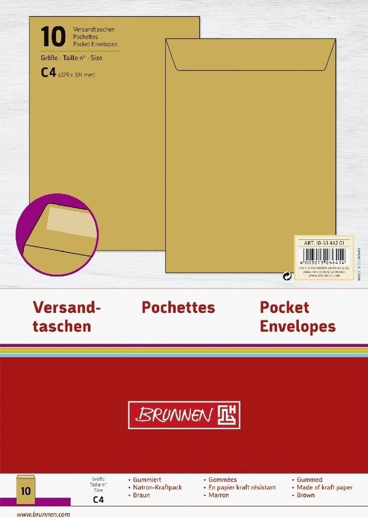 Versandtaschen C4 90g/qm gummiert braun VE=10x10 Stück