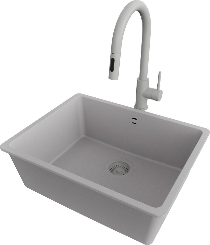PRIMAGRAN Granitspüle Grau 56x44cm, Spülbecken 1 Becken + Küchenarmatur 40x20cm + Ablauf-Set, Küchenspüle ab 60er Unterschrank - Venedig Slim ...