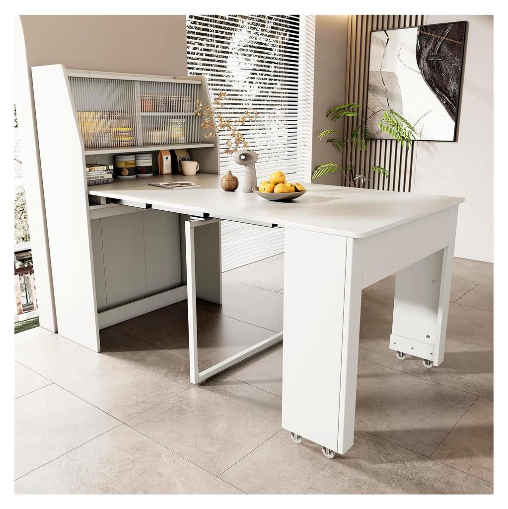 Ausziehbarer Esstisch mit Stauraum, Multifunktionaler Küchentisch für Wohnzimmer und Esszimmer, Weiß, L52/132,5 x B80 x H76 cm