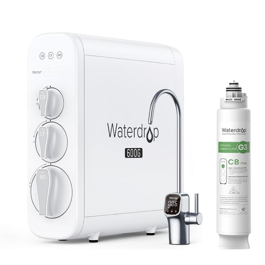 A white water filtration system with a faucet and an extra filter cartridge, displayed on a white background.