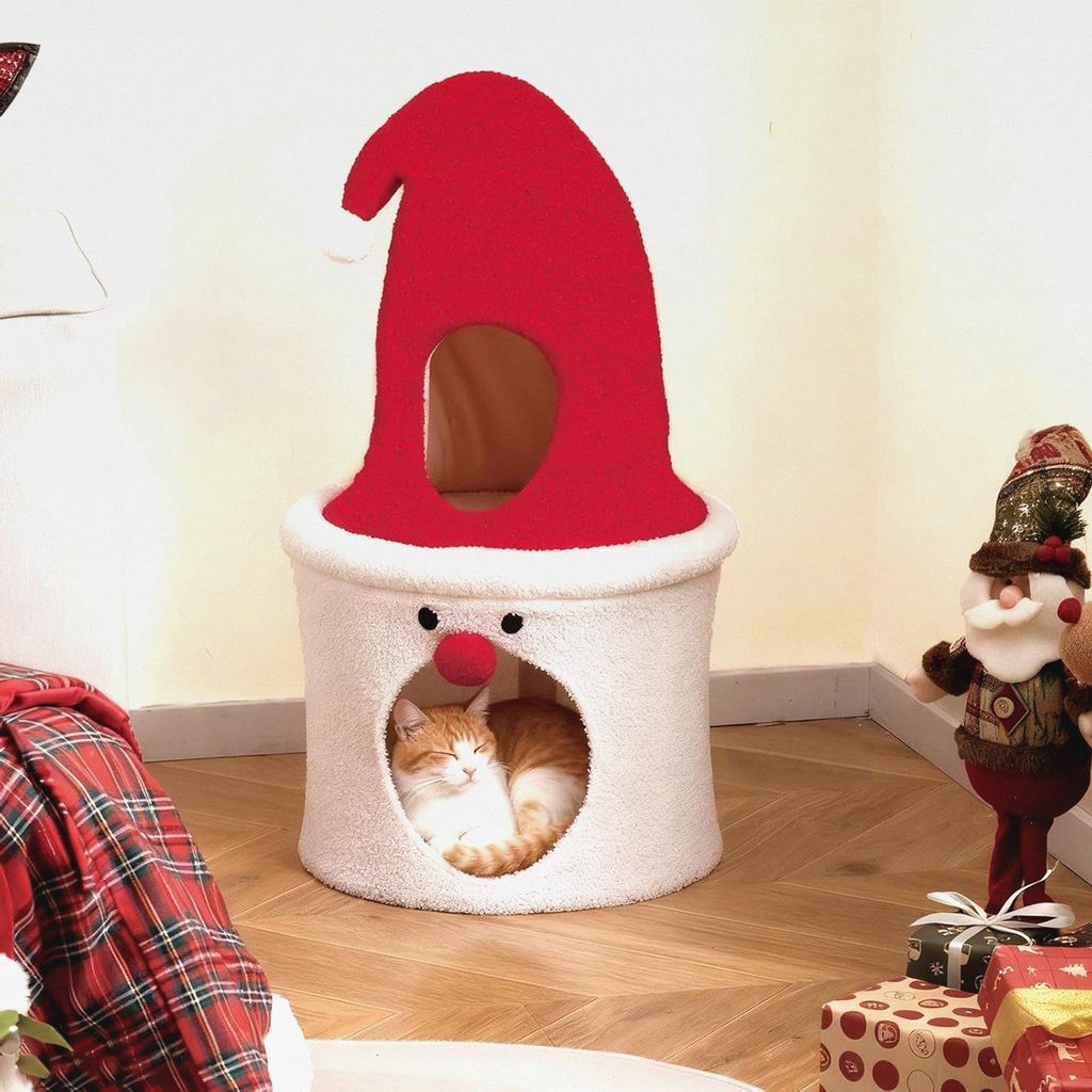 Katzenhöhle Weihnachten, Katzenhaus mit gepolsterter Liegefläche & Plüschkissen, Katzenbett Katzen, Katzenmöbel Indoor, Weihnachtsmann, 40 x 40...
