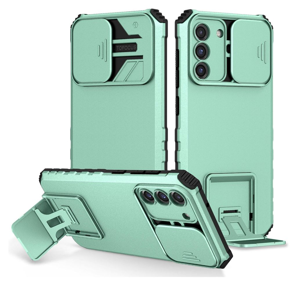 Galaxy S22+ 5G Hülle, Dual Layer Ständer Schutzhülle mit Schiebe Kamera Schutz für Samsung Galaxy S22 Plus 5G Türkis