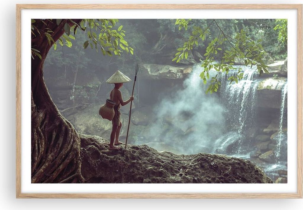 Gerahmtes Poster - Rahmen in heller Eiche - Asien Junge Wasserfall - 91,5x61 cm - Wand Bild - Wanddeko - Wandbilder - Wandposter - Bilderrahmen - B...