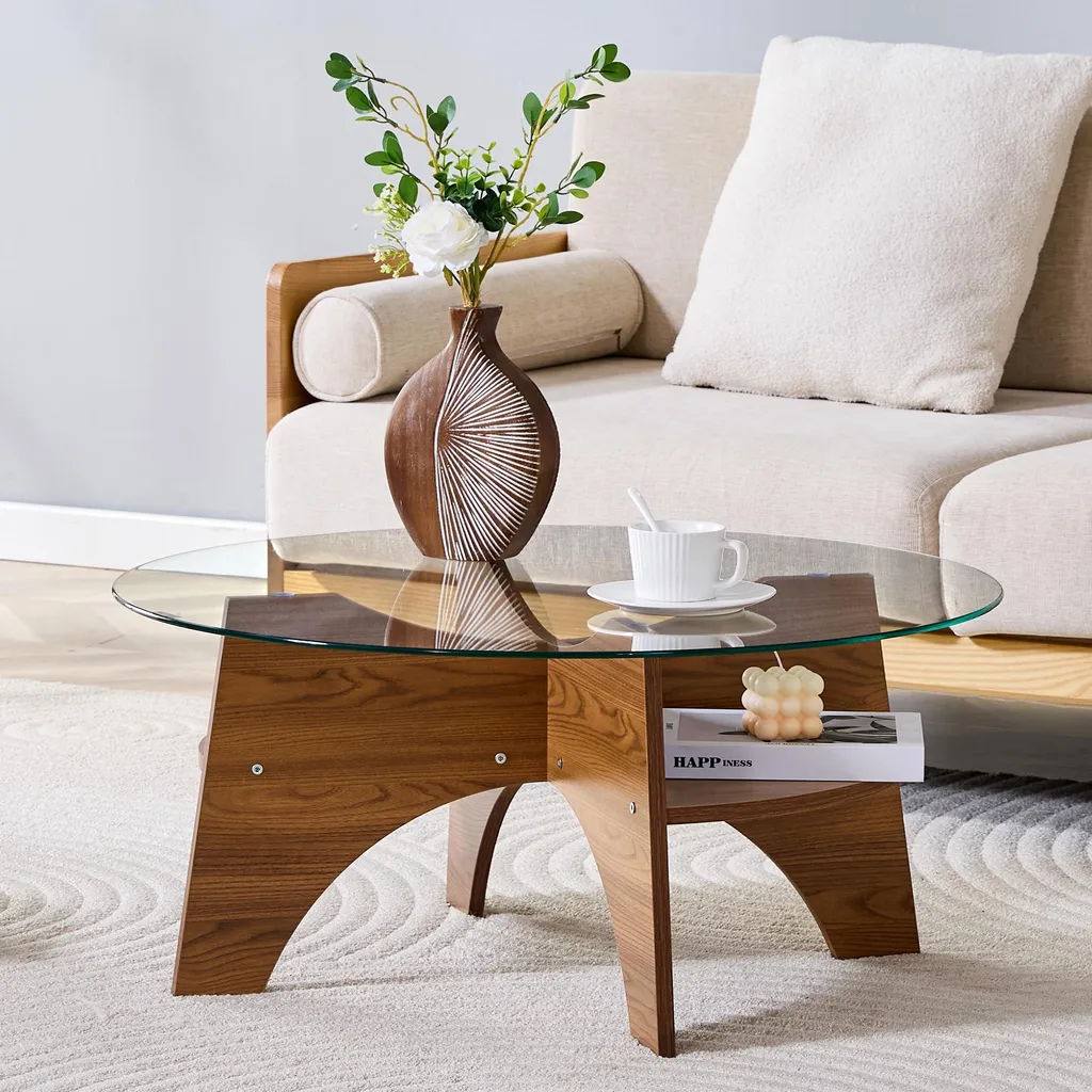 Table d'appoint ronde Ø 80 cm en verre aspect noyer et MDF design éventail