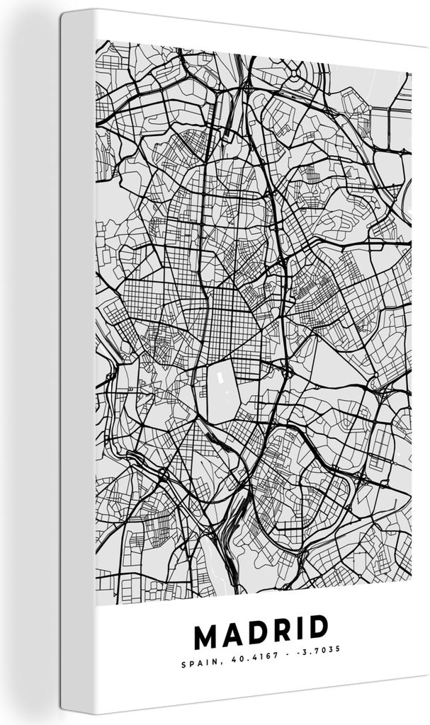 OneMillionCanvasses - Leinwandbilder - 90x140 cm, Madrid - Schwarz und weiß - Stadtplan - Karte, Wandbilder Kunstdruck Wanddekoration - Foto auf...