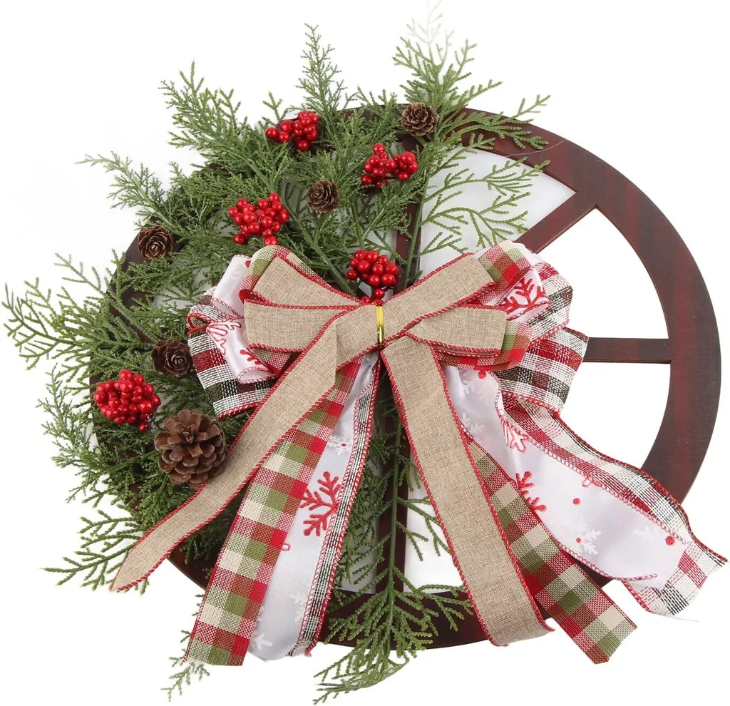 Couronne de Noël Rustique en Bois avec Roue de Camion Rouge et Nœud