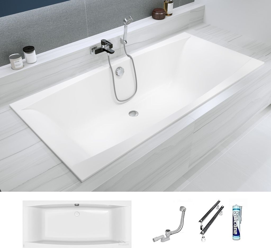 ECOLAM Badewanne Wanne Rechteckbadewanne Acryl weiß Virgo 190x90 cm + Ablaufgarnitur Ab- und Überlauf Automatik Füße Silikon
