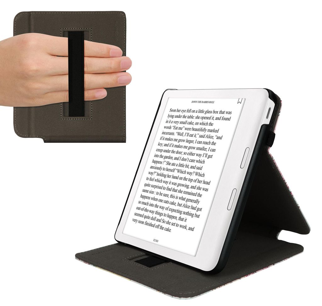 kwmobile Hülle kompatibel mit Kobo Kobo Libra Colour / Tolino Vision Color Hülle - Case mit Schlaufe und Ständer - Travel Schriftzug Schwarz