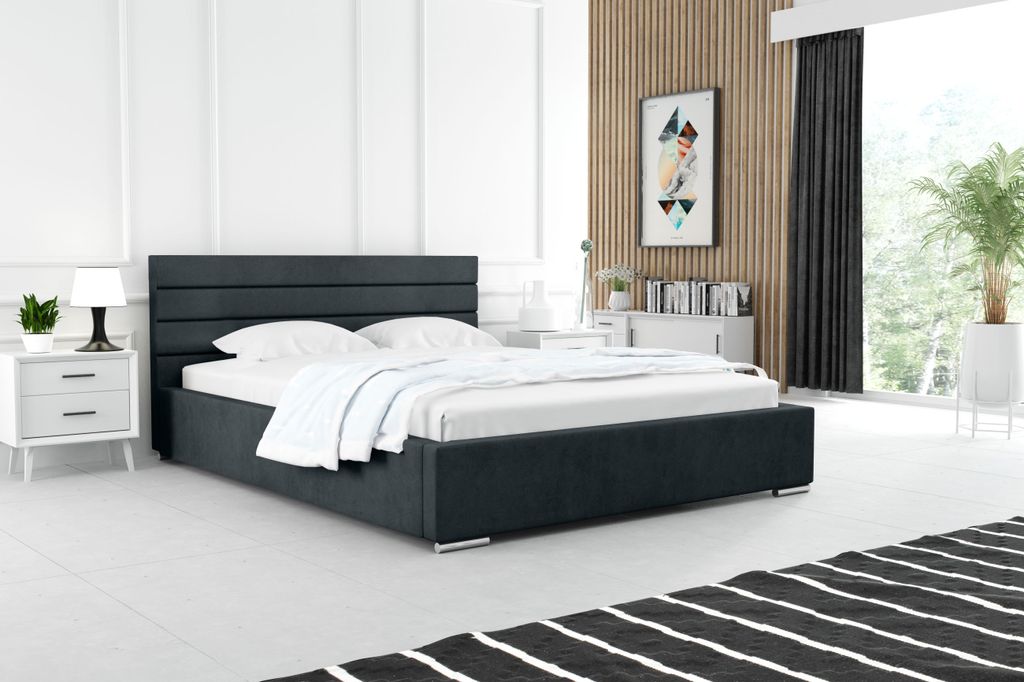 ADIDAR Noah Polsterbett 140x200cm Doppelbett - Holzrahmen mit Bettkasten und Lattenrost - Premium (Schwarz - Paros 06)