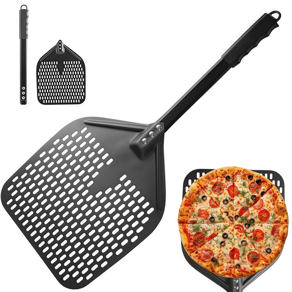 Pizzaschaufel, 12 Zoll Pizzaschieber aus rostfreiem Aluminium, perforiert Design, mit Verbrühungsschutzgriff, Schwarz