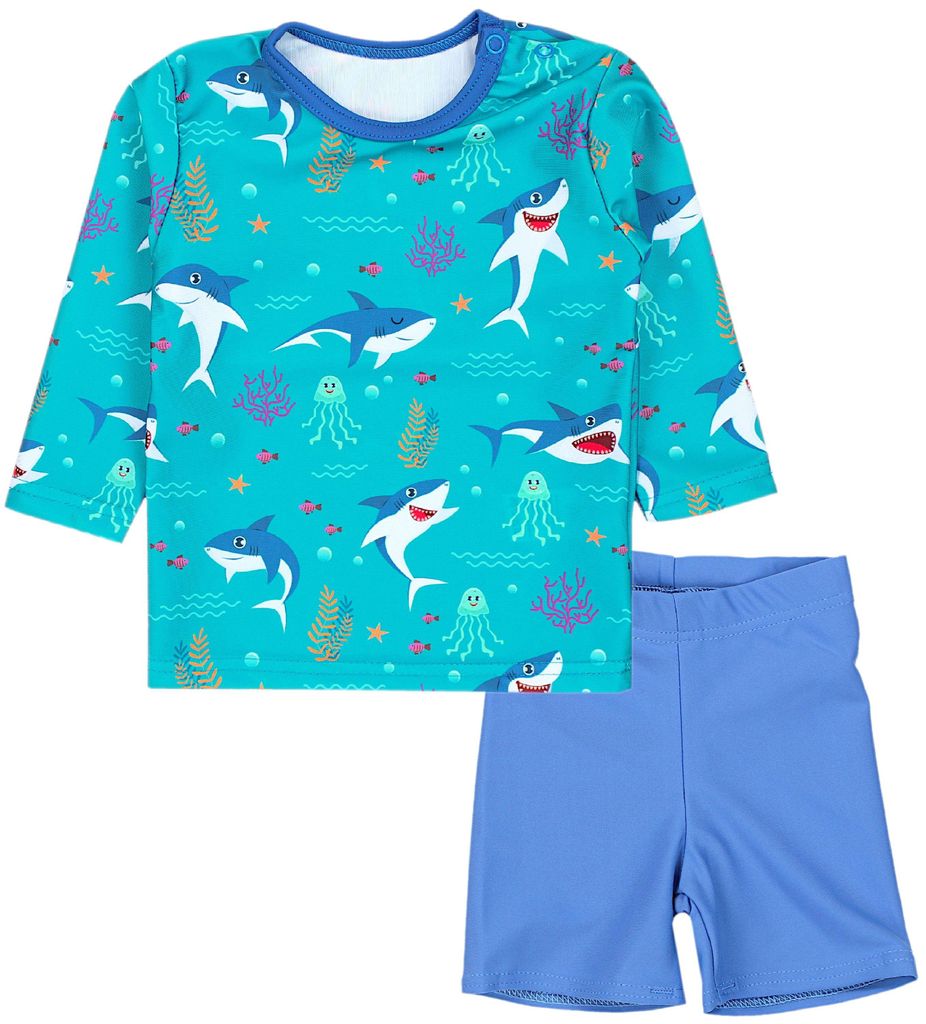 Aquarti Baby Jungen Bade-Set Zweiteiliger Kinder Badeanzug T-Shirt Badehose UV-Schutz, Farbe: Langarm / Haie im Meer Dunkeltürkis / Jeans Blau, Gr...
