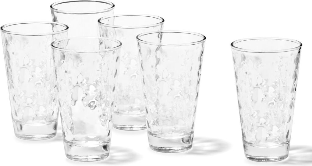 A set of six clear, textured longdrink glasses arranged on a white background.