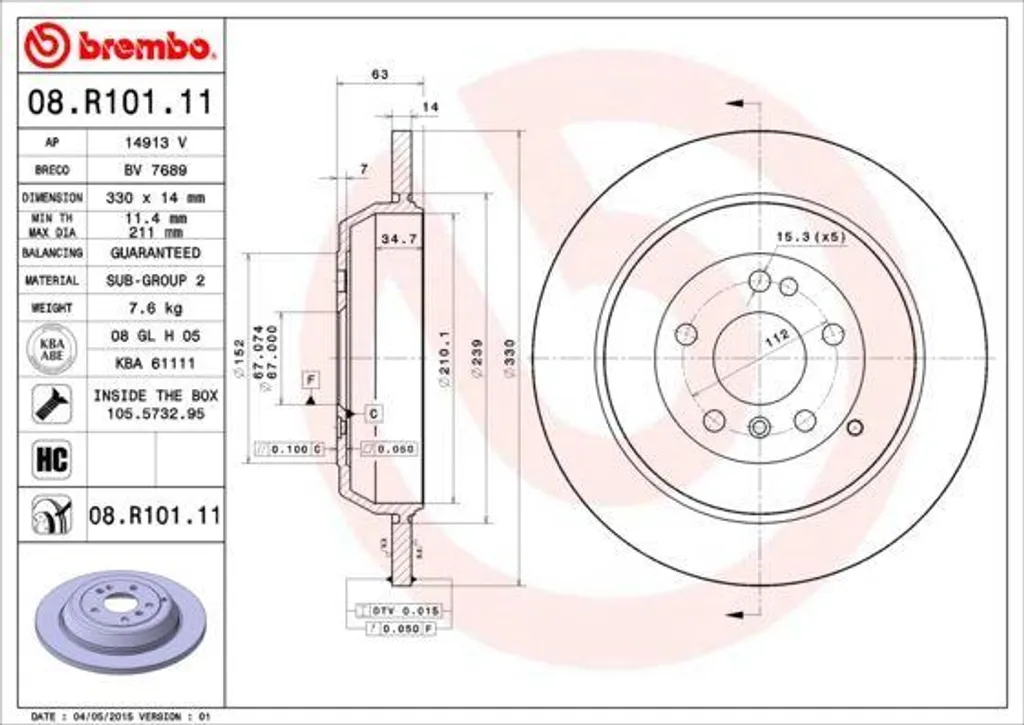 Disque de frein Brembo 08.R101.11 pour Mercedes Classe M W164 R W251