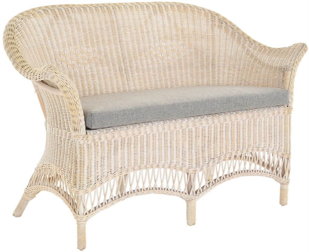 KRINES HOME Rattanbank Landhaus mit Sitzpolster, Sitzbank Wintergarten Sofa Zweisitzer Bank aus Rattan (Vintage Weiss)