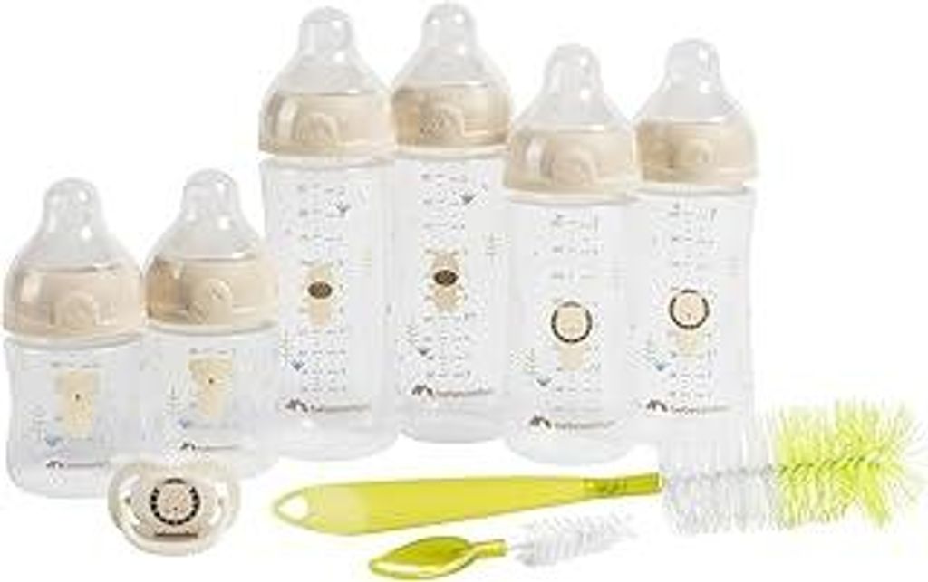 Bebeconfort Physio Air komplettes Flaschenset, Babyflaschen, 0+ Monate, mit 6 Babyflaschen, einem Schnuller und 2-in-1-Flaschenbürste, physiologis...