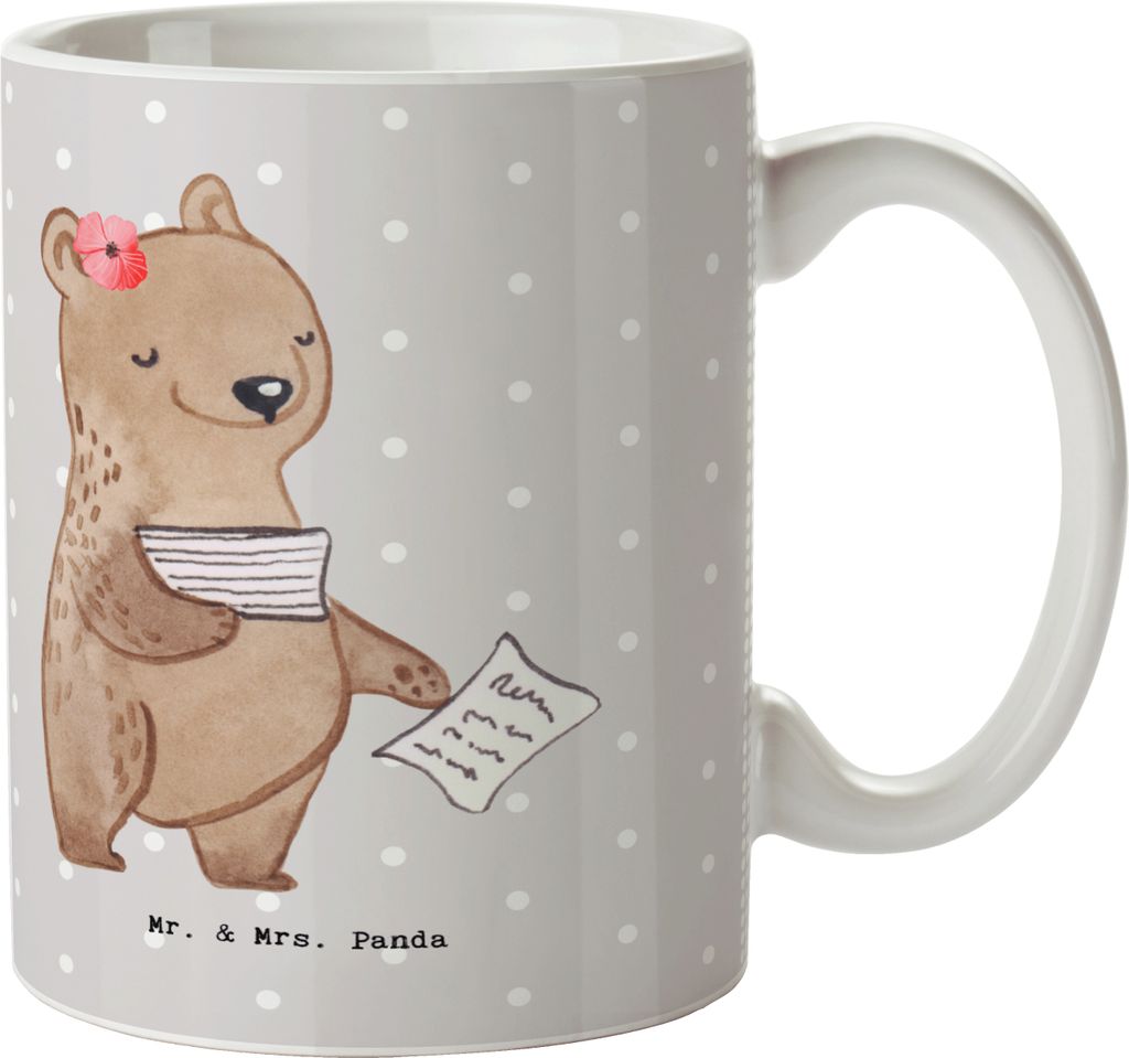 Mr. & Mrs. Panda Tasse Steuerberaterin Herz - Grau Pastell - Geschenk, cappuccinotasse, kaffeebecher keramik, Teebecher, kaffeetasse bedruckt