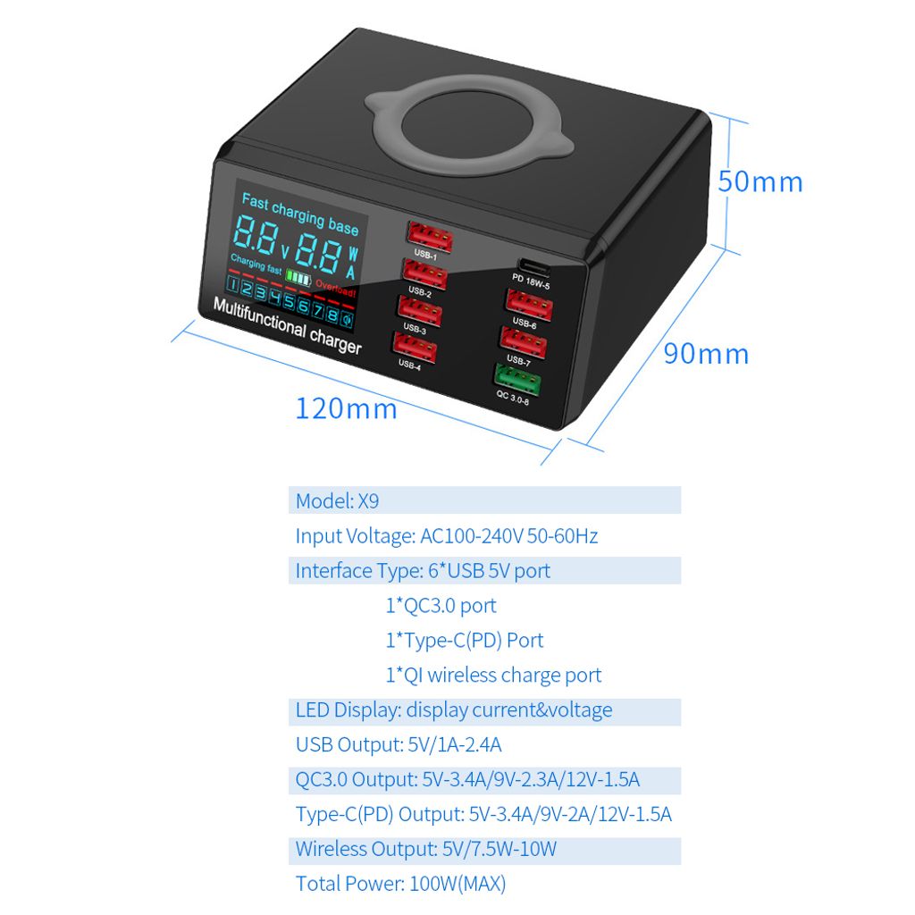 X9 8 Port Wireless USB Ladegeraet Schnellladung PD + QC3.0 Produktbild 14