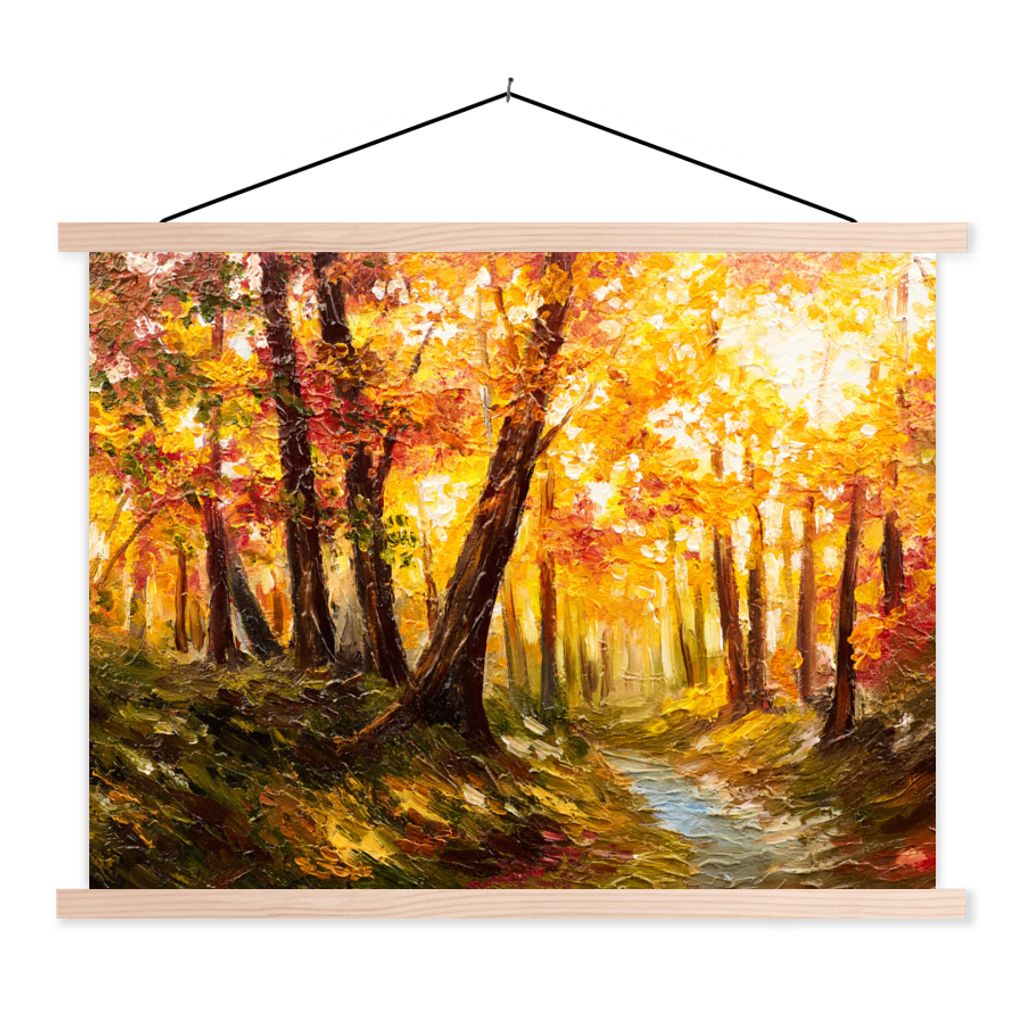 MuchoWow Textilposter Gemälde - Herbst - Wald - Ölgemälde 120x90 cm mit holzfarbenen Rahmen - Magnetisch