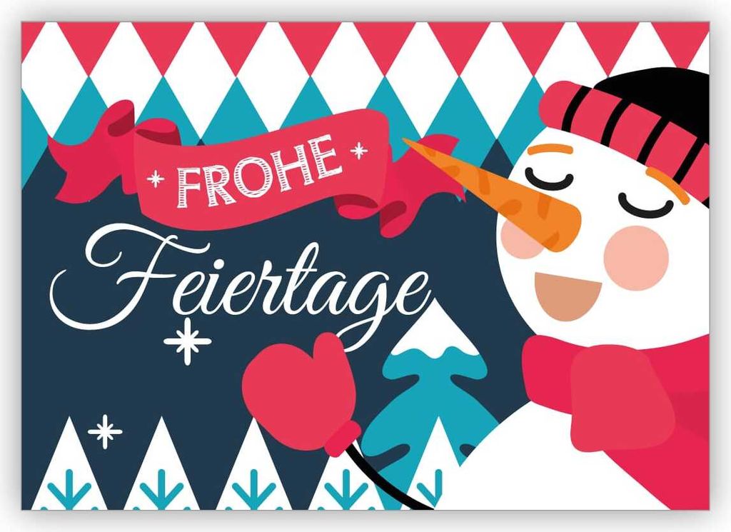 Nette Retro Weihnachtskarte mit lustigem Schneemann und Bergen: Frohe Feiertage
