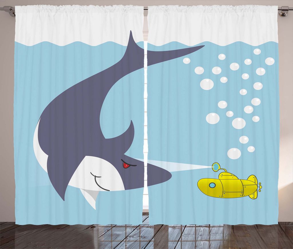ABAKUHAUS Gelbes U-Boot Rustikaler Gardine, Shark Bubbles, Schlafzimmer Kräuselband Vorhang mit Schlaufen und Haken, 280 x 245 cm, Gelb Grau Blau