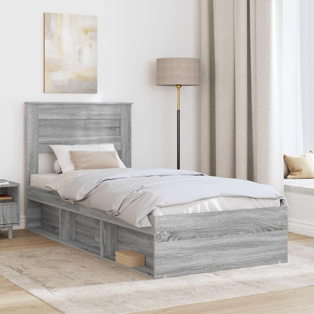 (Design 2026) Bettrahmen Graues Sonoma 100 x 200cm Massives Kiefernholz - HOMMIE 415624 - Klassische BettenJugendbett Tagesbett