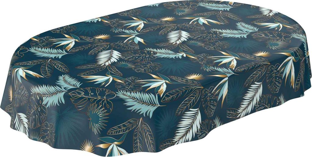 Tischdecke Wachstuch Blumen Grün Robust Wasserabweisend Oval Breite 140 cm Länge 240 cm