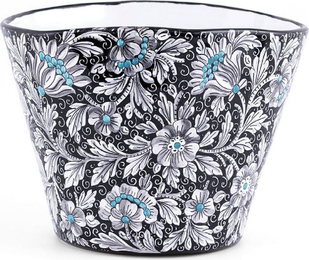 Casa Padrino Luxus Keramik Blumentopf Schwarz / Mehrfarbig Ø 27 x H. 20 cm - Runder handgefertigter & handbemalter Keramik Pflanzentopf - Luxus Qu...