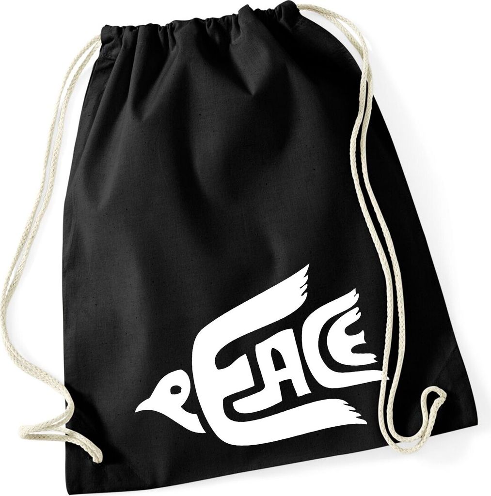 Huuraa Turnbeutel Peace Friedenstaube 12 Liter Black Baumwolle Rucksack Geschenkidee