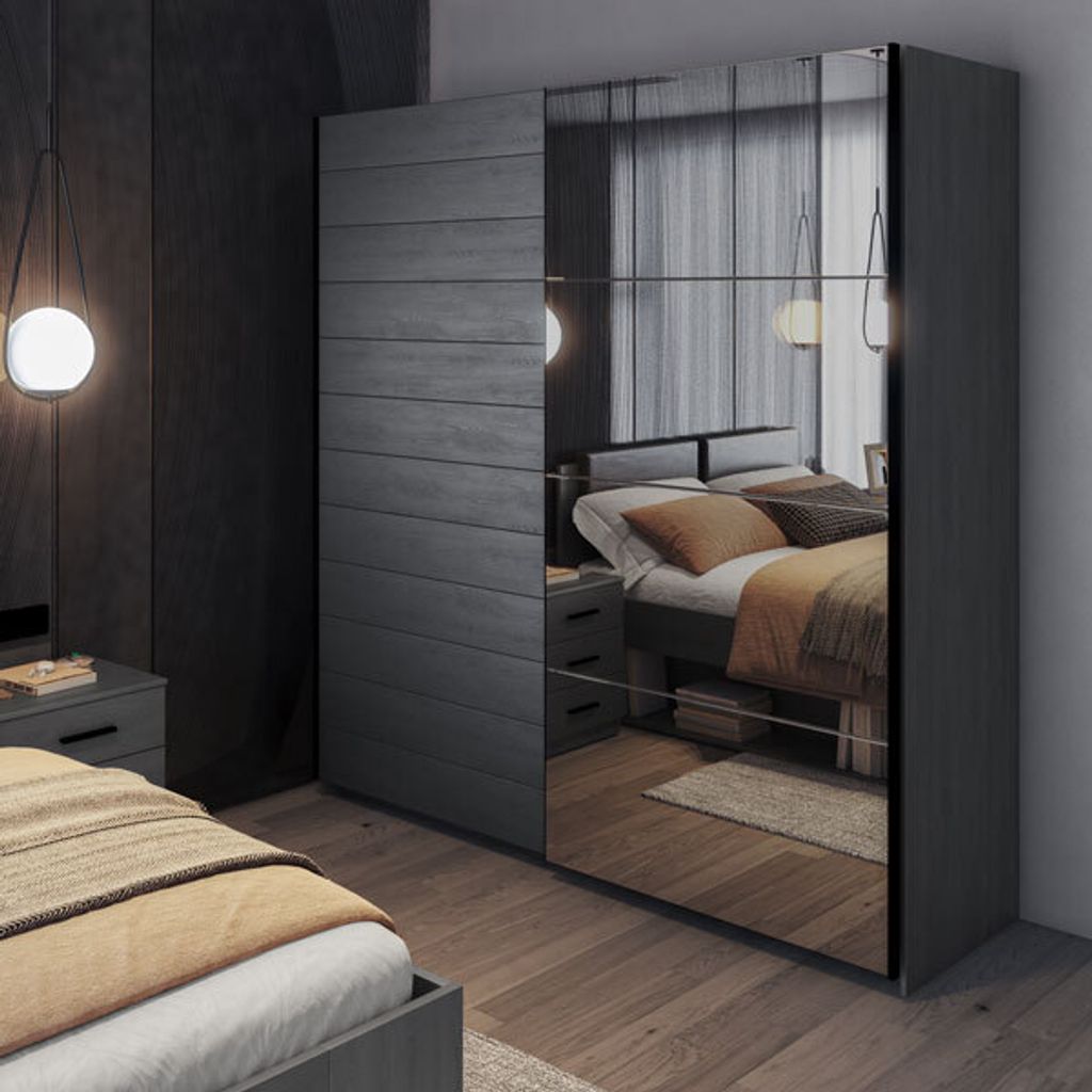 Schwebetürenschrank Galaxy Kleideschrank 200x61x210cm Carbon Eiche Spiegel 2-türig