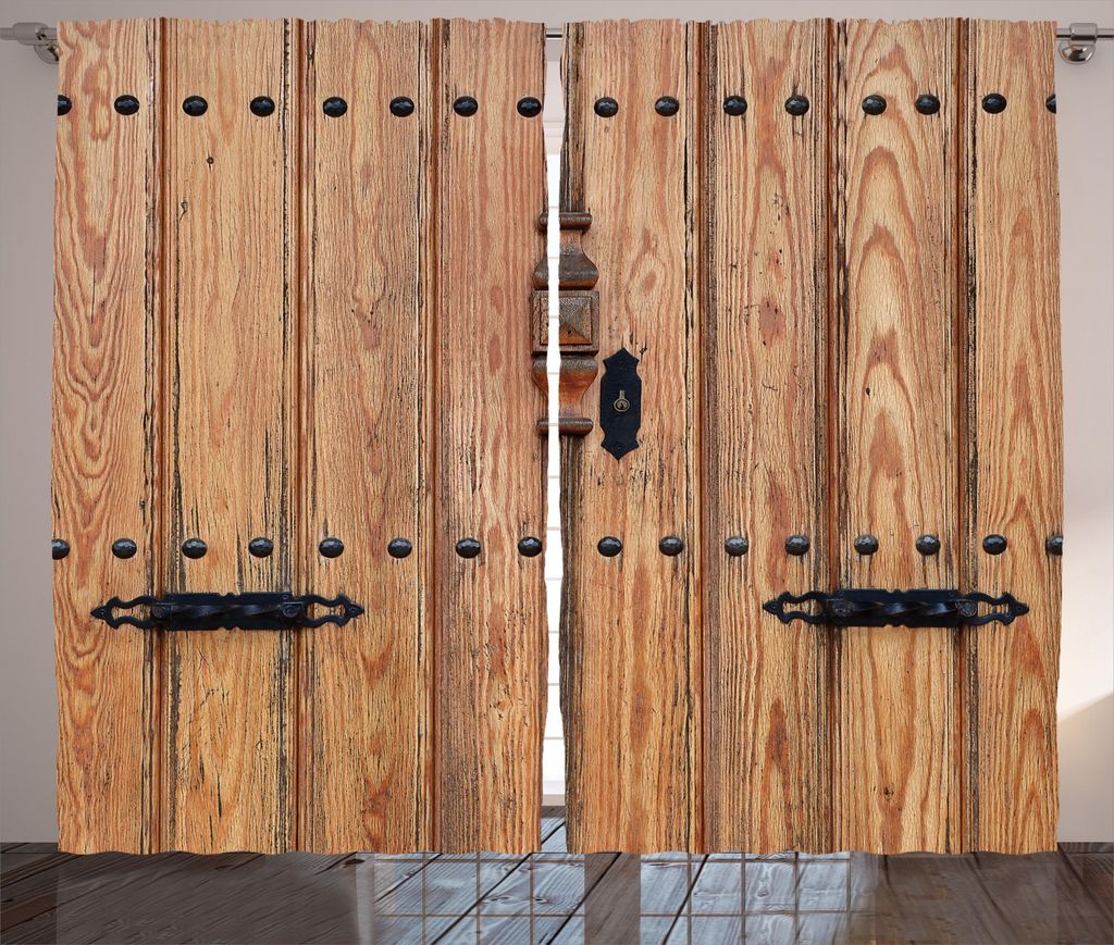 ABAKUHAUS Hölzern Rustikaler Vorhang, Tür mit Eisen Detail, Wohnzimmer Universalband Gardinen mit Schlaufen und Haken, 280 x 225 cm, Hellbraun