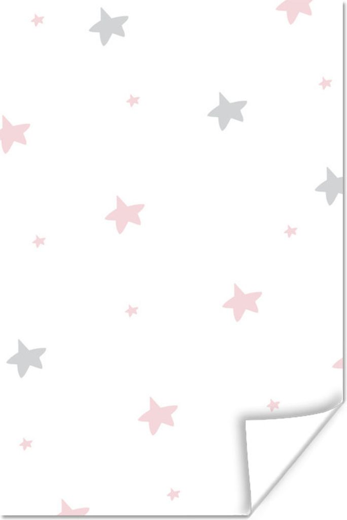 MuchoWow Poster Illustration mit einem Muster aus rosa und grauen Sternen auf einem weißen Hintergrund 80x120 cm - Papierdruck