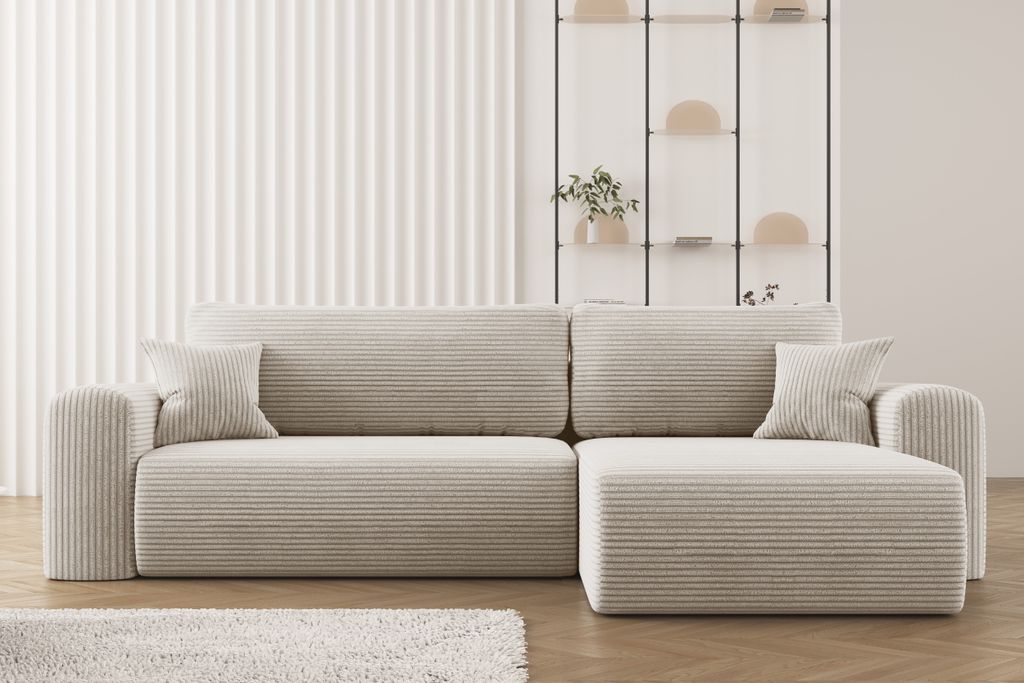 Kaiser Möbel Ecksofa mit Schlaffunktion L-förmiges Sofa Capri Stoff Poso Beige Rechts