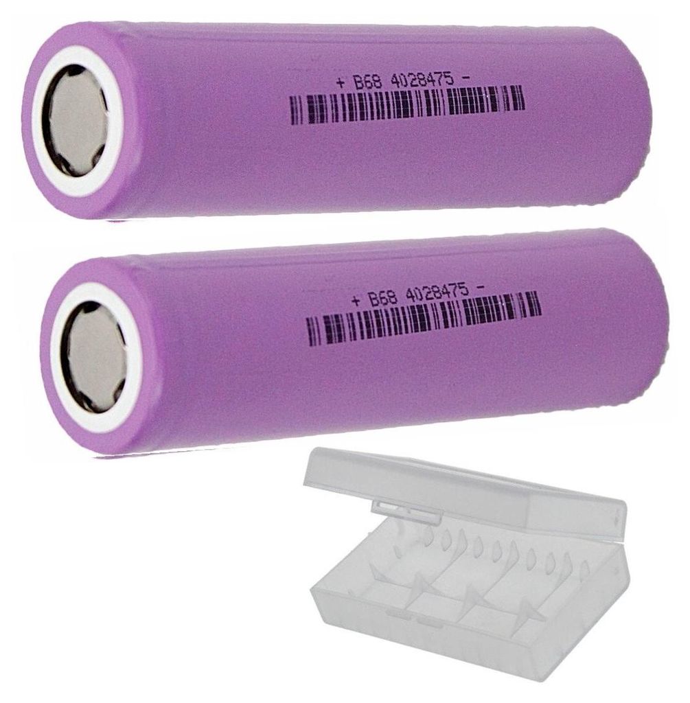 Two purple cylindrical batteries and a clear plastic battery case.