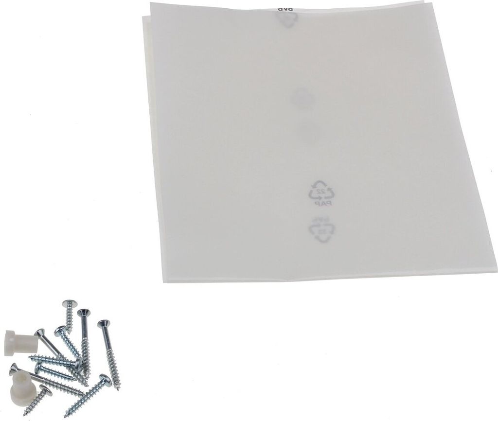 A white sheet of material and a pile of screws and plastic anchors are shown against a white background.
