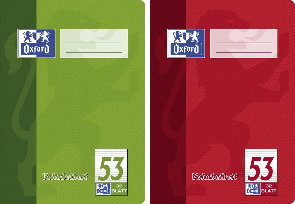 Two notebook covers, one green and one red, are shown side-by-side.