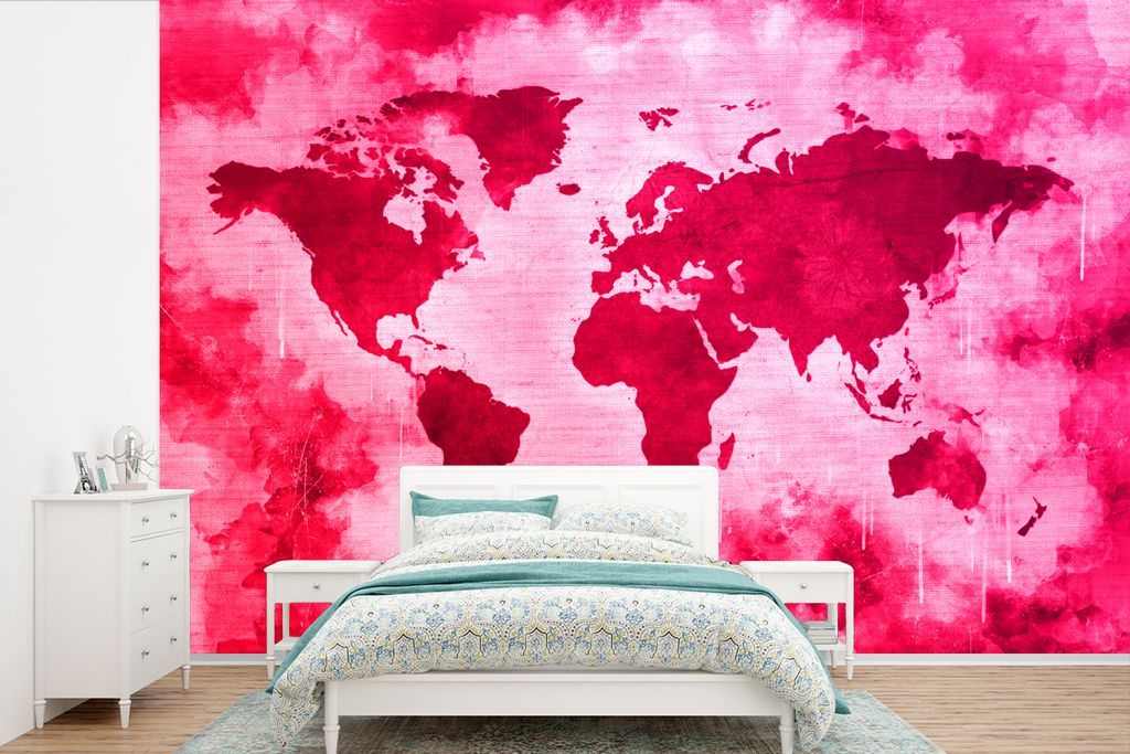 MuchoWow Fototapete für Wohnzimmer oder Schlafzimmer Wandtapete Vinyl Motivtapete Weltkarte - Rot - Rosa - 600x400 cm - Vinyltapeten