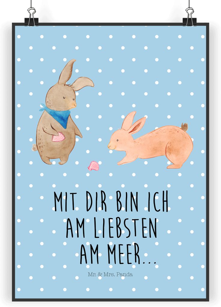 Mr. & Mrs. Panda Bild Hasen Muschel DIN A4 - Blau Pastell - Geschenk, wanddeko, Plakat, Freundin, BFF, drucke, Meer, Strand, Best Friends, kunstdru...