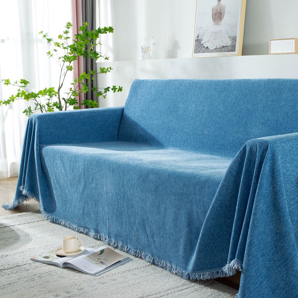 Sofabezug Sofaüberwurf für 2/3/4-Sitzer, Baumwolle Sofa Überwurf mit Quasten, Couchbezüge für Haustiere und Kinder(180*260cm, Blau)