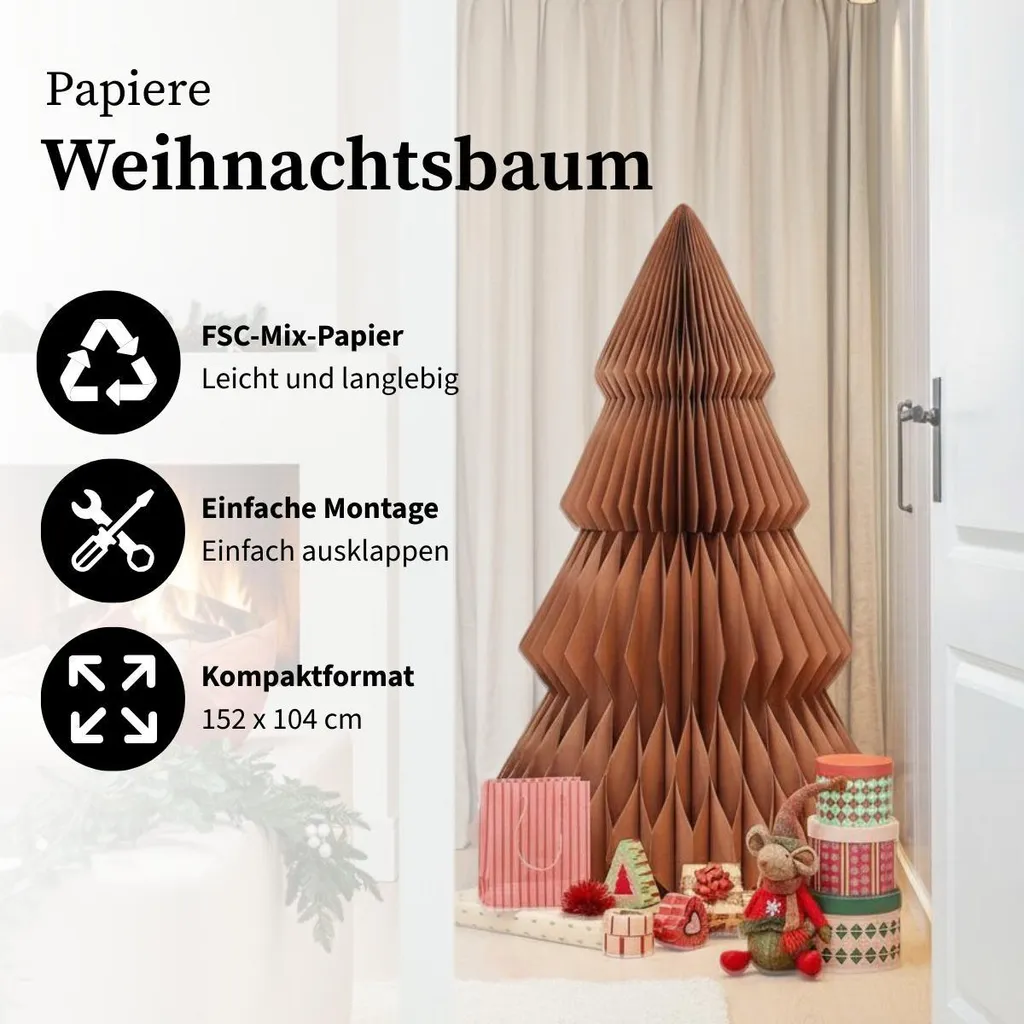 Sapin de Noël Design en Papier Marron 152 cm - Structure Alvéolée Mix