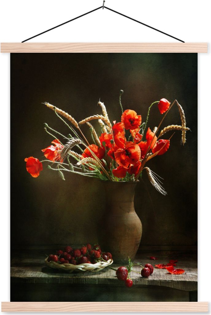 MuchoWow Textilposter Mohnblumen - Stilleben - Obst 40x53 cm mit holzfarbenen Rahmen - Schlafzimmer